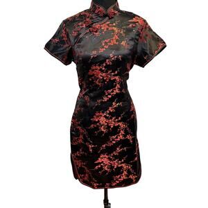 Xuan Tang Black Red Cherry Blossom Brocade Cheongsam Qipao Dress Sz Small (4-6)